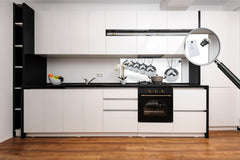 Stunning glass wall art - Wide format backsplash with magnetic properties: Metal Newton's cradle