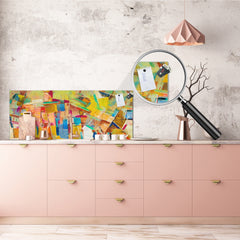 Glass backsplash w/ and w/o metal sheet backing with magnetic properties: Abstrac oil painting