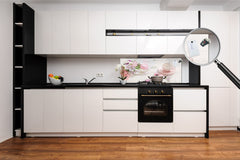 Glass kitchen panel with and w/o stainless steel back-coating: Tulips and cup of coffee