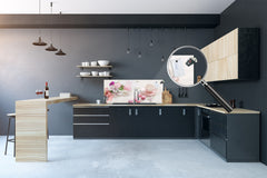 Glass kitchen panel with and w/o stainless steel back-coating: Tulips and cup of coffee