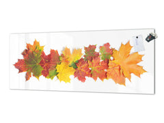 Glass kitchen panel with and w/o stainless steel back-coating: Autumn leaves on white