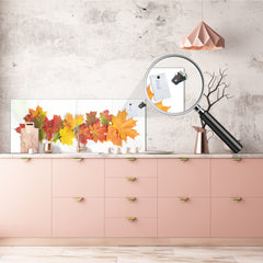 Glass kitchen panel with and w/o stainless steel back-coating: Autumn leaves on white