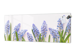 Glass kitchen panel with and w/o stainless steel back-coating: Blue muscari flowers