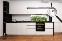 Glass kitchen panel with and w/o stainless steel back-coating: Basil, sage and rosemary