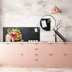 Glass backsplash w/ and w/o metal sheet backing with magnetic properties: Tropical fruits - Top view