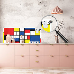 Glass splashback with metal backing in wide format - Kitchen tempered glass panel: Checkered Piet Mondrian style
