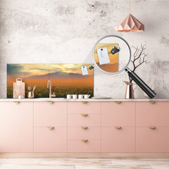 Glass splashback with metal backing in wide format - Kitchen tempered glass panel: Sunflower field at sunset