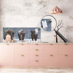 Glass splashback with metal backing in wide format - Kitchen tempered glass panel: Winter Image With Four Bisons