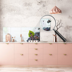 Wide-format tempered glass kitchen wall panel with metal backing - and without: Black grapes and wine glass