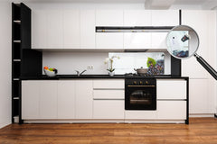 Wide-format tempered glass kitchen wall panel with metal backing - and without: Black grapes and wine glass