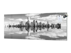 Wide-format tempered glass kitchen wall panel with metal backing - and without: City lanscape