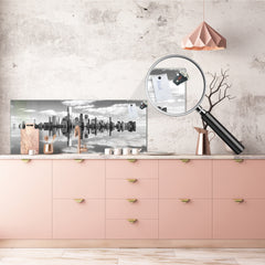 Wide-format tempered glass kitchen wall panel with metal backing - and without: City lanscape