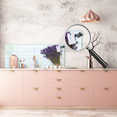 Wide-format tempered glass kitchen wall panel with metal backing - and without: Oil and lavender