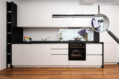 Wide-format tempered glass kitchen wall panel with metal backing - and without: Oil and lavender