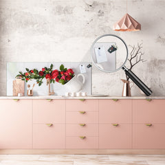 Panel de pared de cocina de vidrio templado de gran formato con respaldo de metal (y sin él): Taza de café o té con rosas rojas