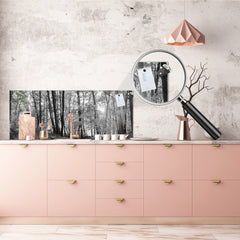 Wide-format tempered glass kitchen wall panel with metal backing - and without: Forest road