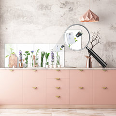 Wide-format tempered glass kitchen wall panel with metal backing - and without: Plants in tubes