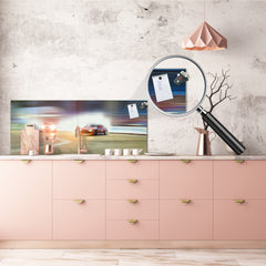 Toughened printed glass backsplash - Wideformat steel coated wall glass splashback: Blurred drift cars