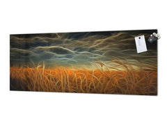 Toughened printed glass backsplash - Wideformat steel coated wall glass splashback: Dramatic clouds over field of wheat