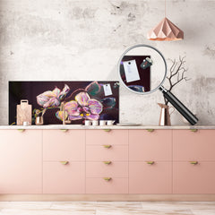 Tempered Glass magnetic and non magnetic splashback in wide-format: Modern painting withe orchids
