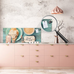 Tempered Glass magnetic and non magnetic splashback in wide-format: Coffee with croissant