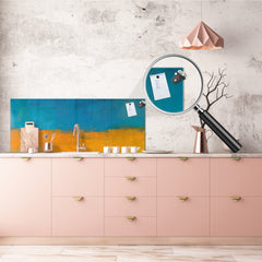 Glass kitchen panel with and w/o stainless steel back-coating: Oil painting yellow and blue