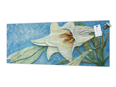 Glass kitchen panel with and w/o stainless steel back-coating: Big lily relief oil painting