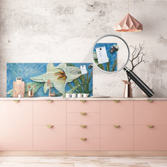 Glass kitchen panel with and w/o stainless steel back-coating: Big lily relief oil painting