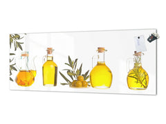 Glass kitchen panel with and w/o stainless steel back-coating: Olive oils bottles