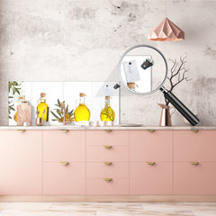 Glass kitchen panel with and w/o stainless steel back-coating: Olive oils bottles