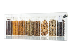 Glass kitchen panel with and w/o stainless steel back-coating: Assorted of spice bottles