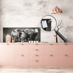 Glass backsplash w/ and w/o metal sheet backing with magnetic properties: White rhinos with birds