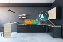 Glass backsplash w/ and w/o metal sheet backing with magnetic properties: Wine glasses in orange and blue