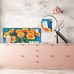 Glass backsplash w/ and w/o metal sheet backing with magnetic properties: Bouquet of yellow roses - Van Gogh imitation