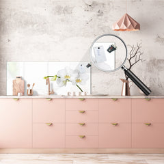 Large format horizontal backsplash - magnetic and non magnetic tempered glass: White orchid closeup