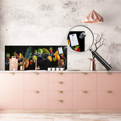 Glass splashback with metal backing in wide format - Kitchen tempered glass panel: Fruit splash on black