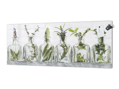 Stunning glass wall art - Wide format backsplash with w/ & w/o stainless steel back: Bottle of essential oil herbs