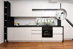 Stunning glass wall art - Wide format backsplash with w/ & w/o stainless steel back: Bottle of essential oil herbs