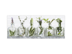 Stunning glass wall art - Wide format backsplash with w/ & w/o stainless steel back: Bottle of essential oil herbs