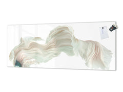 Stunning glass wall art - Wide format backsplash with w/ & w/o stainless steel back: Half-Moon fighting fish in white
