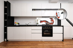 Stunning glass wall art - Wide format backsplash with w/ & w/o stainless steel back: Half-Moon fighting fish in red