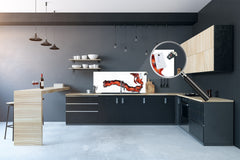 Stunning glass wall art - Wide format backsplash with w/ & w/o stainless steel back: Half-Moon fighting fish in red