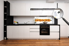 Wide-format tempered glass kitchen wall panel with metal backing - and without: Half-Moon fighting fish in orange