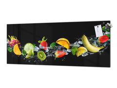 Wide-format tempered glass kitchen wall panel with metal backing - and without: Black splash fruits