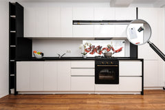Wide-format tempered glass kitchen wall panel with metal backing - and without: Half-Moon fighting fish in pink and white