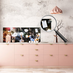 Wide-format tempered glass kitchen wall panel with metal backing - and without: Flowers in grunge abstract style