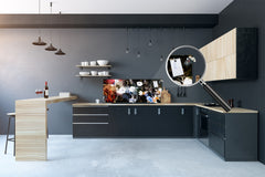 Wide-format tempered glass kitchen wall panel with metal backing - and without: Flowers in grunge abstract style