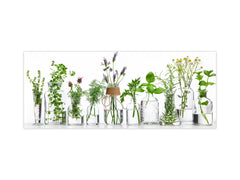 Wide-format tempered glass kitchen wall panel with metal backing - and without: Herb bottles on white