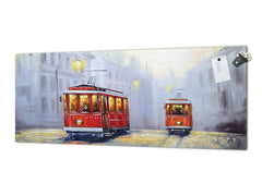Wide-format tempered glass kitchen wall panel with metal backing - and without: Tram in Lisbon