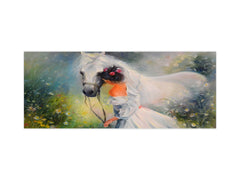 Wide format Wall panel with magnetic and non-magnetic metal sheet backing: Girl with a horse Oil on canvas